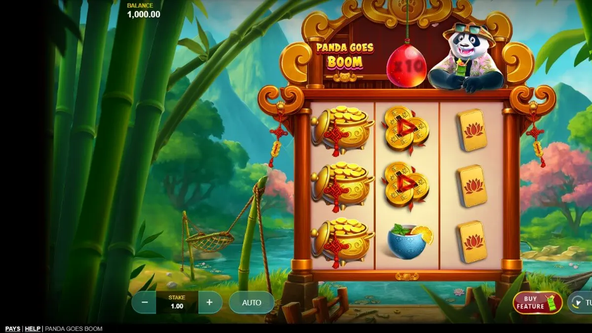 Panda Goes Boom slot game interface on a mobile device screen