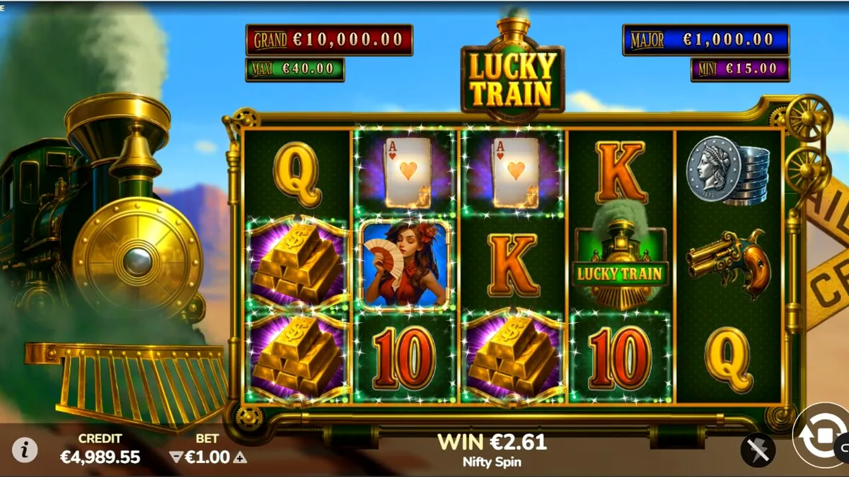 Tampilan visual mesin slot Lucky Train dengan tema steampunk dan Wild West.