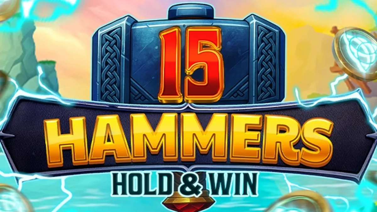 Tampilan antarmuka permainan slot 15 Hammers: Hold & Win dengan desain visual yang menarik.
